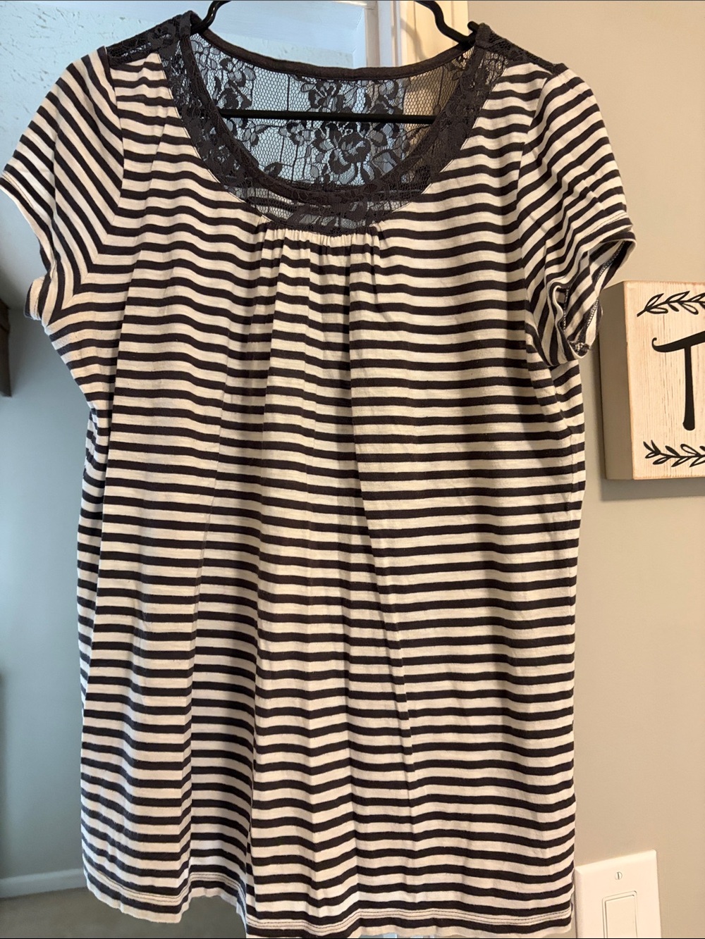 LOFT Black & White Striped Short Sleeve Tee with Lace Trim